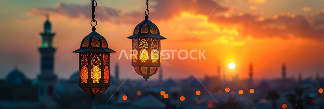  اكسسوارات وتحف شهر رمضان المبارك, أنوار وزينة الأعياد والمناسبات الدينية, تصاميم هندسية مزخرفة للفوانيس المعدنية المتوهجة للاحتفال بالأجواء الرمضانية الروحانية, صورة ظلية للمساجد الاسلامية أثناء غروب الشمس, سالويت