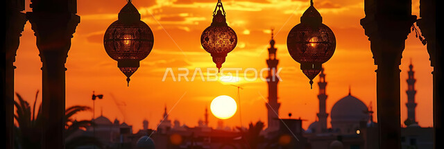 A peaceful Ramadan spiritual atmosphere, silhouettes of illuminated decorative metal lanterns hanging during sunset in the Kingdom of Saudi Arabia, preparing to welcome the holy month of Ramadan, decorations and lighting for holidays and religious occasions, background of Islamic mosques, cellulite