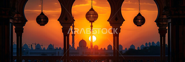 A peaceful Ramadan spiritual atmosphere, silhouettes of illuminated decorative metal lanterns hanging during sunset in the Kingdom of Saudi Arabia, preparing to welcome the holy month of Ramadan, decorations and lighting for holidays and religious occasions, background of Islamic mosques, cellulite