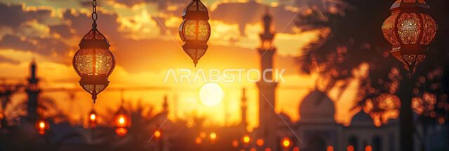 A peaceful Ramadan spiritual atmosphere, silhouettes of illuminated decorative metal lanterns hanging during sunset in the Kingdom of Saudi Arabia, preparing to welcome the holy month of Ramadan, decorations and lighting for holidays and religious occasions, background of Islamic mosques, cellulite