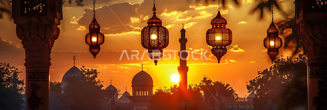 A peaceful Ramadan spiritual atmosphere, silhouettes of illuminated decorative metal lanterns hanging during sunset in the Kingdom of Saudi Arabia, preparing to welcome the holy month of Ramadan, decorations and lighting for holidays and religious occasions, background of Islamic mosques, cellulite