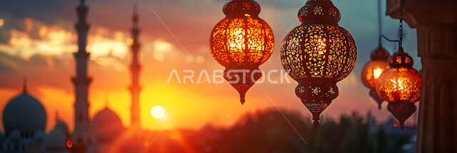 A peaceful Ramadan spiritual atmosphere, silhouettes of illuminated decorative metal lanterns hanging during sunset in the Kingdom of Saudi Arabia, preparing to welcome the holy month of Ramadan, decorations and lighting for holidays and religious occasions, background of Islamic mosques, cellulite