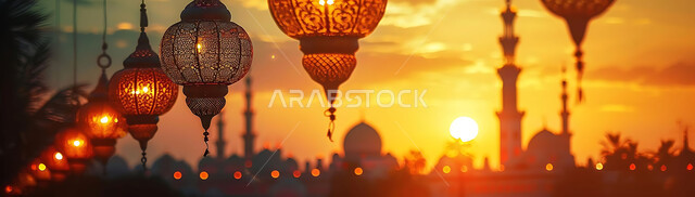 A peaceful Ramadan spiritual atmosphere, silhouettes of illuminated decorative metal lanterns hanging during sunset in the Kingdom of Saudi Arabia, preparing to welcome the holy month of Ramadan, decorations and lighting for holidays and religious occasions, background of Islamic mosques, cellulite