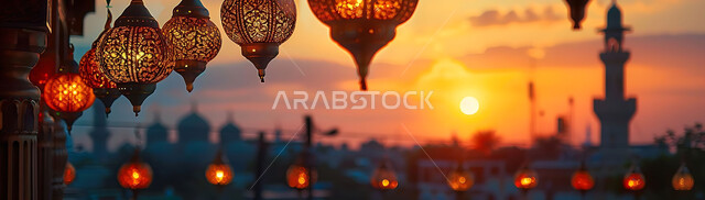أجواء روحانية رمضانية هادئة, صورة ظلية لفوانيس معدنية مزخرفة مضيئة معلقة أثناء غروب الشمس في المملكة العربية السعودية، الاستعداد لاستقبال شهر رمضان المبارك, زينة و إضاءة الاعياد والمناسبات الدينية, خلفية المساجد الاسلامية, سيلوليت