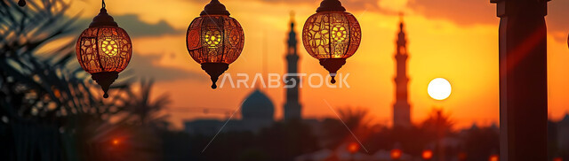 أجواء روحانية رمضانية هادئة, صورة ظلية لفوانيس معدنية مزخرفة مضيئة معلقة أثناء غروب الشمس في المملكة العربية السعودية، الاستعداد لاستقبال شهر رمضان المبارك, زينة و إضاءة الاعياد والمناسبات الدينية, خلفية المساجد الاسلامية, سيلوليت