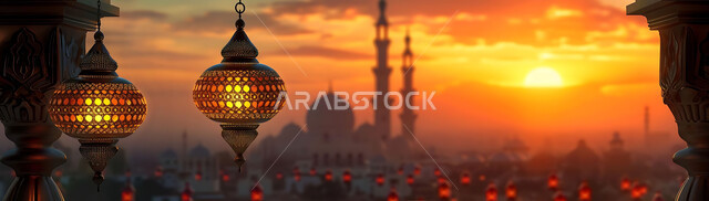 أجواء روحانية رمضانية هادئة, صورة ظلية لفوانيس معدنية مزخرفة مضيئة معلقة أثناء غروب الشمس في المملكة العربية السعودية، الاستعداد لاستقبال شهر رمضان المبارك, زينة و إضاءة الاعياد والمناسبات الدينية, خلفية المساجد الاسلامية, سيلوليت