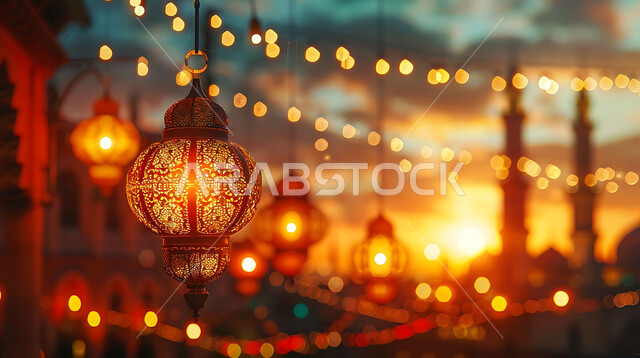 A peaceful Ramadan spiritual atmosphere, silhouettes of illuminated decorative metal lanterns hanging during sunset in the Kingdom of Saudi Arabia, preparing to welcome the holy month of Ramadan, decorations and lighting for holidays and religious occasions, background of Islamic mosques, cellulite