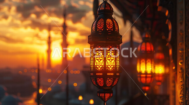 أجواء روحانية رمضانية هادئة, صورة ظلية لفوانيس معدنية مزخرفة مضيئة معلقة أثناء غروب الشمس في المملكة العربية السعودية، الاستعداد لاستقبال شهر رمضان المبارك, زينة و إضاءة الاعياد والمناسبات الدينية, خلفية المساجد الاسلامية, سيلوليت