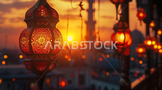A peaceful Ramadan spiritual atmosphere, silhouettes of illuminated decorative metal lanterns hanging during sunset in the Kingdom of Saudi Arabia, preparing to welcome the holy month of Ramadan, decorations and lighting for holidays and religious occasions, background of Islamic mosques, cellulite