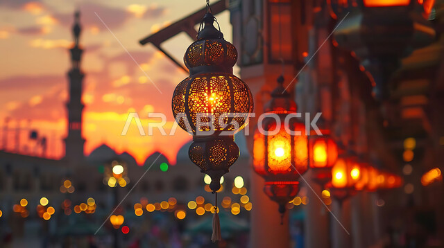A peaceful Ramadan spiritual atmosphere, silhouettes of illuminated decorative metal lanterns hanging during sunset in the Kingdom of Saudi Arabia, preparing to welcome the holy month of Ramadan, decorations and lighting for holidays and religious occasions, background of Islamic mosques, cellulite