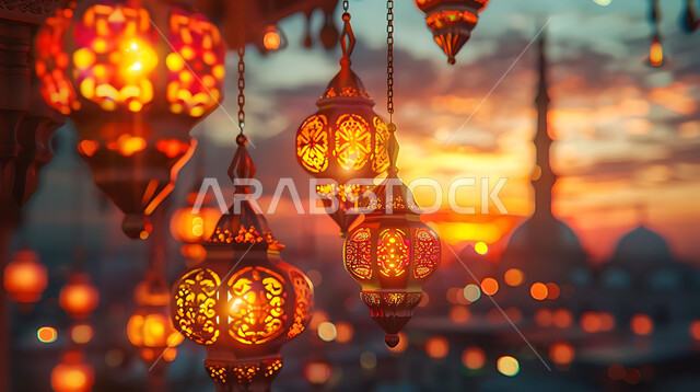 A peaceful Ramadan spiritual atmosphere, silhouettes of illuminated decorative metal lanterns hanging during sunset in the Kingdom of Saudi Arabia, preparing to welcome the holy month of Ramadan, decorations and lighting for holidays and religious occasions, background of Islamic mosques, cellulite