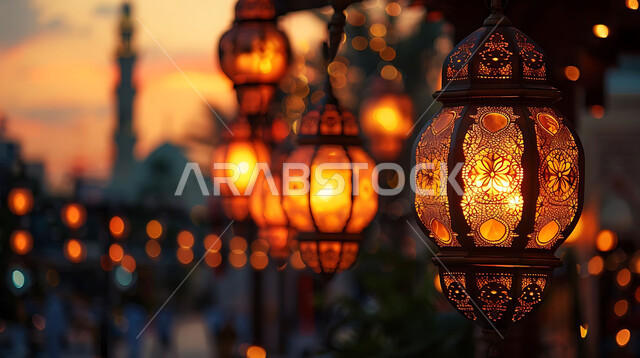 أجواء روحانية رمضانية هادئة, صورة ظلية لفوانيس معدنية مزخرفة مضيئة معلقة أثناء غروب الشمس في المملكة العربية السعودية، الاستعداد لاستقبال شهر رمضان المبارك, زينة و إضاءة الاعياد والمناسبات الدينية, خلفية المساجد الاسلامية, سيلوليت