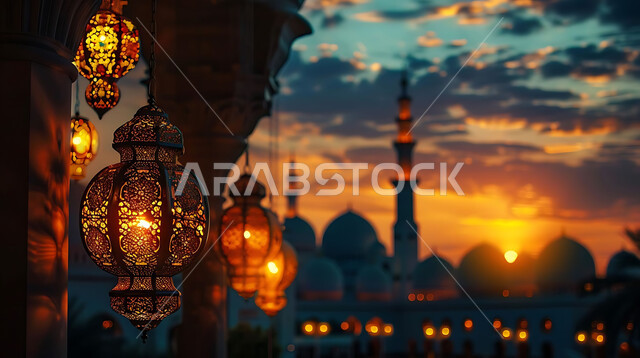 أجواء روحانية رمضانية هادئة, صورة ظلية لفوانيس معدنية مزخرفة مضيئة معلقة أثناء غروب الشمس في المملكة العربية السعودية، الاستعداد لاستقبال شهر رمضان المبارك, زينة و إضاءة الاعياد والمناسبات الدينية, خلفية المساجد الاسلامية, سيلوليت