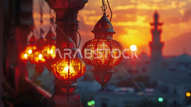 A peaceful Ramadan spiritual atmosphere, silhouettes of illuminated decorative metal lanterns hanging during sunset in the Kingdom of Saudi Arabia, preparing to welcome the holy month of Ramadan, decorations and lighting for holidays and religious occasions, background of Islamic mosques, cellulite