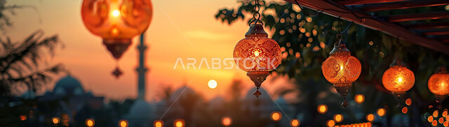 أجواء روحانية رمضانية هادئة, صورة ظلية لفوانيس معدنية مزخرفة مضيئة معلقة أثناء غروب الشمس في المملكة العربية السعودية، الاستعداد لاستقبال شهر رمضان المبارك, زينة و إضاءة الاعياد والمناسبات الدينية, خلفية المساجد الاسلامية, سيلوليت