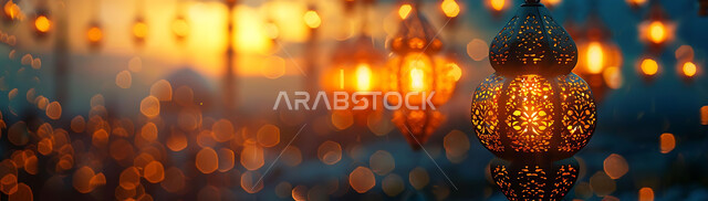 أجواء روحانية رمضانية هادئة, صورة ظلية لفوانيس معدنية مزخرفة مضيئة معلقة أثناء غروب الشمس في المملكة العربية السعودية، الاستعداد لاستقبال شهر رمضان المبارك, زينة و إضاءة الاعياد والمناسبات الدينية, خلفية المساجد الاسلامية, سيلوليت