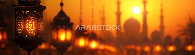 Joy and happiness with the arrival of the month of goodness, silhouettes of illuminated lamps during sunset, decorations and adornments of the blessed Ramadan, traditional ornate metal lanterns hanging in spiritual atmospheres, celebration of religious occasions and holidays, background of Islamic mosques, cellulite
