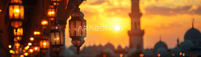 البهجة والفرح بقدوم شهر الخير، صورة ظلية للمصابيح المضيئة أثناء غروب الشمس, ديكورات وزينة رمضان المبارك, الفوانيس المعدنية التقليدية المزخرفة المعلقة في الأجواء الروحانية، الاحتفال بالمناسبات والأعياد الدينية، خلفية المساجد الاسلامية, سيلوليت