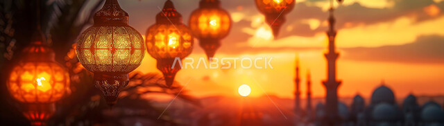 البهجة والفرح بقدوم شهر الخير، صورة ظلية للمصابيح المضيئة أثناء غروب الشمس, ديكورات وزينة رمضان المبارك, الفوانيس المعدنية التقليدية المزخرفة المعلقة في الأجواء الروحانية، الاحتفال بالمناسبات والأعياد الدينية، خلفية المساجد الاسلامية, سيلوليت