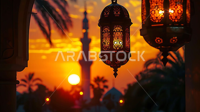 Joy and happiness with the arrival of the month of goodness, silhouettes of illuminated lamps during sunset, decorations and adornments of the blessed Ramadan, traditional ornate metal lanterns hanging in spiritual atmospheres, celebration of religious occasions and holidays, background of Islamic mosques, cellulite