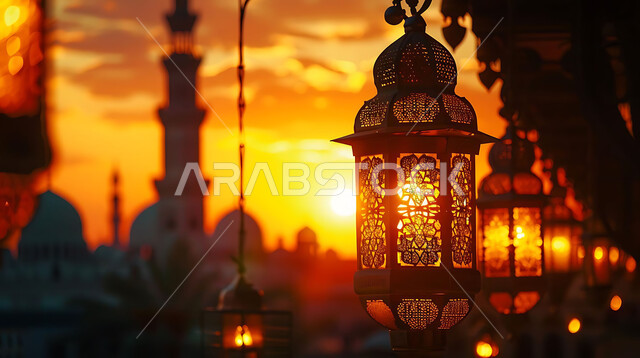 البهجة والفرح بقدوم شهر الخير، صورة ظلية للمصابيح المضيئة أثناء غروب الشمس, ديكورات وزينة رمضان المبارك, الفوانيس المعدنية التقليدية المزخرفة المعلقة في الأجواء الروحانية، الاحتفال بالمناسبات والأعياد الدينية، خلفية المساجد الاسلامية, سيلوليت