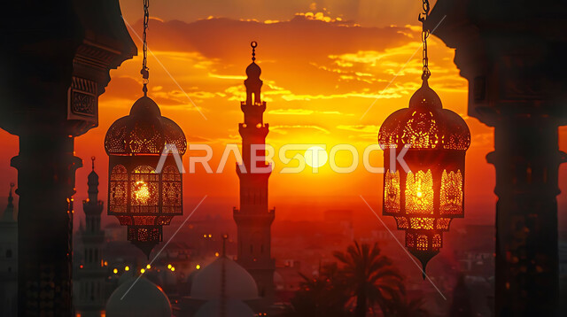 Joy and happiness with the arrival of the month of goodness, silhouettes of illuminated lamps during sunset, decorations and adornments of the blessed Ramadan, traditional ornate metal lanterns hanging in spiritual atmospheres, celebration of religious occasions and holidays, background of Islamic mosques, cellulite