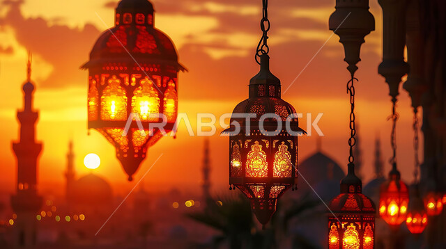 Joy and happiness with the arrival of the month of goodness, silhouettes of illuminated lamps during sunset, decorations and adornments of the blessed Ramadan, traditional ornate metal lanterns hanging in spiritual atmospheres, celebration of religious occasions and holidays, background of Islamic mosques, cellulite