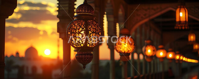 البهجة والفرح بقدوم شهر الخير، صورة ظلية للمصابيح المضيئة أثناء غروب الشمس, ديكورات وزينة رمضان المبارك, الفوانيس المعدنية التقليدية المزخرفة المعلقة في الأجواء الروحانية، الاحتفال بالمناسبات والأعياد الدينية، خلفية المساجد الاسلامية, سيلوليت