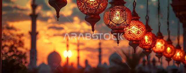 البهجة والفرح بقدوم شهر الخير، صورة ظلية للمصابيح المضيئة أثناء غروب الشمس, ديكورات وزينة رمضان المبارك, الفوانيس المعدنية التقليدية المزخرفة المعلقة في الأجواء الروحانية، الاحتفال بالمناسبات والأعياد الدينية، خلفية المساجد الاسلامية, سيلوليت