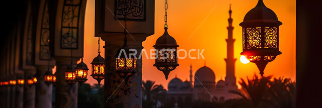 البهجة والفرح بقدوم شهر الخير، صورة ظلية للمصابيح المضيئة أثناء غروب الشمس, ديكورات وزينة رمضان المبارك, الفوانيس المعدنية التقليدية المزخرفة المعلقة في الأجواء الروحانية، الاحتفال بالمناسبات والأعياد الدينية، خلفية المساجد الاسلامية, سيلوليت