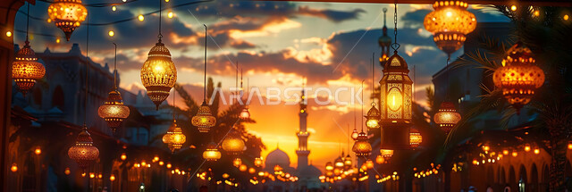 Joy and happiness with the arrival of the month of goodness, silhouettes of illuminated lamps during sunset, decorations and adornments of the blessed Ramadan, traditional ornate metal lanterns hanging in spiritual atmospheres, celebration of religious occasions and holidays, background of Islamic mosques, cellulite