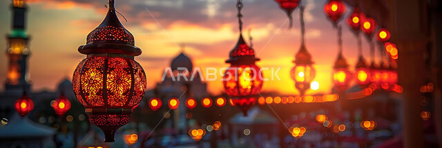 Joy and happiness with the arrival of the month of goodness, silhouettes of illuminated lamps during sunset, decorations and adornments of the blessed Ramadan, traditional ornate metal lanterns hanging in spiritual atmospheres, celebration of religious occasions and holidays, background of Islamic mosques, cellulite