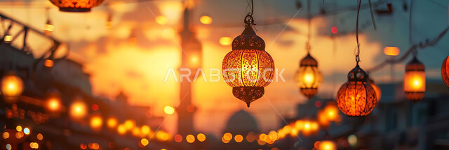 Joy and happiness with the arrival of the month of goodness, silhouettes of illuminated lamps during sunset, decorations and adornments of the blessed Ramadan, traditional ornate metal lanterns hanging in spiritual atmospheres, celebration of religious occasions and holidays, background of Islamic mosques, cellulite