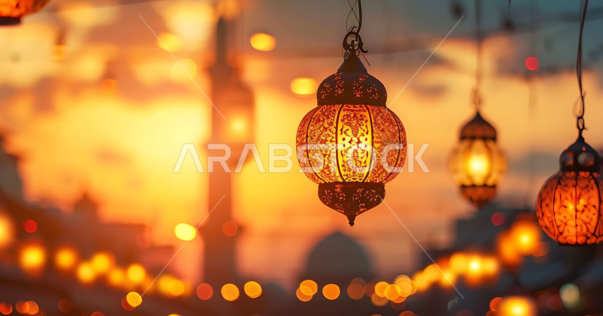 البهجة والفرح بقدوم شهر الخير، صورة ظلية للمصابيح المضيئة أثناء غروب ...