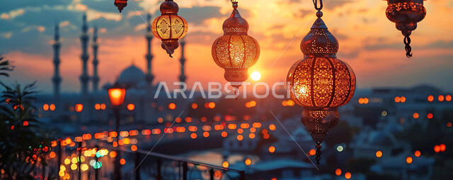Joy and happiness with the arrival of the month of goodness, silhouettes of illuminated lamps during sunset, decorations and adornments of the blessed Ramadan, traditional ornate metal lanterns hanging in spiritual atmospheres, celebration of religious occasions and holidays, background of Islamic mosques, cellulite