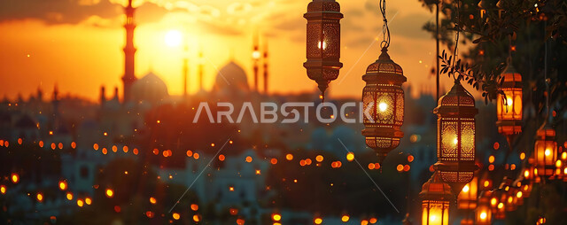 البهجة والفرح بقدوم شهر الخير، صورة ظلية للمصابيح المضيئة أثناء غروب الشمس, ديكورات وزينة رمضان المبارك, الفوانيس المعدنية التقليدية المزخرفة المعلقة في الأجواء الروحانية، الاحتفال بالمناسبات والأعياد الدينية، خلفية المساجد الاسلامية, سيلوليت