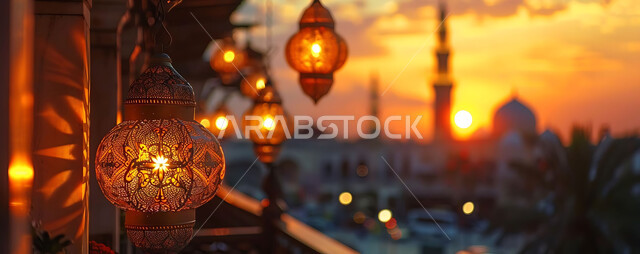 البهجة والفرح بقدوم شهر الخير، صورة ظلية للمصابيح المضيئة أثناء غروب الشمس, ديكورات وزينة رمضان المبارك, الفوانيس المعدنية التقليدية المزخرفة المعلقة في الأجواء الروحانية، الاحتفال بالمناسبات والأعياد الدينية، خلفية المساجد الاسلامية, سيلوليت