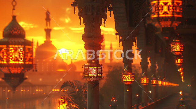 البهجة والفرح بقدوم شهر الخير، صورة ظلية للمصابيح المضيئة أثناء غروب الشمس, ديكورات وزينة رمضان المبارك, الفوانيس المعدنية التقليدية المزخرفة المعلقة في الأجواء الروحانية، الاحتفال بالمناسبات والأعياد الدينية، خلفية المساجد الاسلامية, سيلوليت
