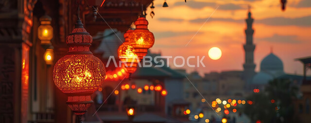 البهجة والفرح بقدوم شهر الخير، صورة ظلية للمصابيح المضيئة أثناء غروب الشمس, ديكورات وزينة رمضان المبارك, الفوانيس المعدنية التقليدية المزخرفة المعلقة في الأجواء الروحانية، الاحتفال بالمناسبات والأعياد الدينية، خلفية المساجد الاسلامية, سيلوليت