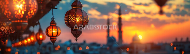 البهجة والفرح بقدوم شهر الخير، صورة ظلية للمصابيح المضيئة أثناء غروب الشمس, ديكورات وزينة رمضان المبارك, الفوانيس المعدنية التقليدية المزخرفة المعلقة في الأجواء الروحانية، الاحتفال بالمناسبات والأعياد الدينية، خلفية المساجد الاسلامية, سيلوليت