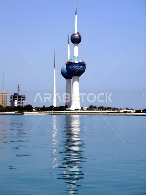 The architectural engineering art of towers, skyscrapers and facilities on the coast of the Arabian Gulf in the Ras Agouza area, urban development and progress in the modern style, famous landmarks and tourist places in Kuwait