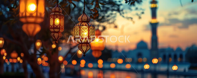  ديكورات وزينة رمضان المبارك, الفوانيس المعدنية التقليدية المزخرفة المعلقة في الأجواء الروحانية، الاحتفال بالمناسبات والأعياد الدينية، البهجة بقدوم شهر الخير، المصابيح المضيئة أثناء غروب الشمس, خلفية المساجد الاسلامية