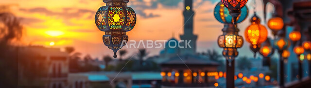  ديكورات وزينة رمضان المبارك, الفوانيس المعدنية التقليدية المزخرفة المعلقة في الأجواء الروحانية، الاحتفال بالمناسبات والأعياد الدينية، البهجة بقدوم شهر الخير، المصابيح المضيئة أثناء غروب الشمس, خلفية المساجد الاسلامية