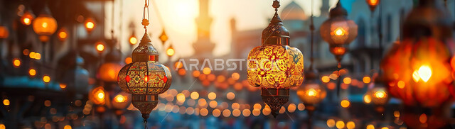  ديكورات وزينة رمضان المبارك, الفوانيس المعدنية التقليدية المزخرفة المعلقة في الأجواء الروحانية، الاحتفال بالمناسبات والأعياد الدينية، البهجة بقدوم شهر الخير، المصابيح المضيئة أثناء غروب الشمس, خلفية المساجد الاسلامية