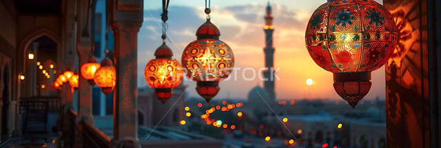  ديكورات وزينة رمضان المبارك, الفوانيس المعدنية التقليدية المزخرفة المعلقة في الأجواء الروحانية، الاحتفال بالمناسبات والأعياد الدينية، البهجة بقدوم شهر الخير، المصابيح المضيئة أثناء غروب الشمس, خلفية المساجد الاسلامية