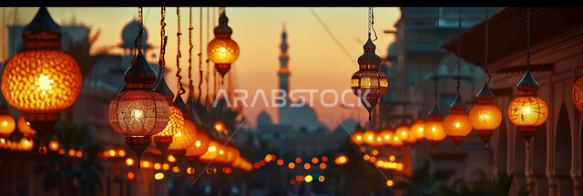  ديكورات وزينة رمضان المبارك, الفوانيس المعدنية التقليدية المزخرفة المعلقة في الأجواء الروحانية، الاحتفال بالمناسبات والأعياد الدينية، البهجة بقدوم شهر الخير، المصابيح المضيئة أثناء غروب الشمس, خلفية المساجد الاسلامية