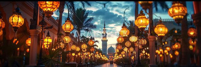  ديكورات وزينة رمضان المبارك, الفوانيس المعدنية التقليدية المزخرفة المعلقة في الأجواء الروحانية، الاحتفال بالمناسبات والأعياد الدينية، البهجة بقدوم شهر الخير، المصابيح المضيئة أثناء غروب الشمس, خلفية المساجد الاسلامية