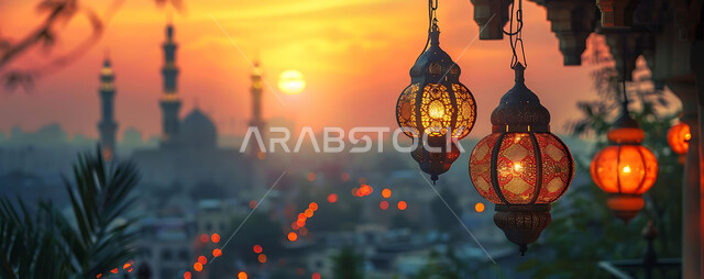  ديكورات وزينة رمضان المبارك, الفوانيس المعدنية التقليدية المزخرفة المعلقة في الأجواء الروحانية، الاحتفال بالمناسبات والأعياد الدينية، البهجة بقدوم شهر الخير، المصابيح المضيئة أثناء غروب الشمس, خلفية المساجد الاسلامية
