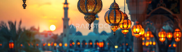  ديكورات وزينة رمضان المبارك, الفوانيس المعدنية التقليدية المزخرفة المعلقة في الأجواء الروحانية، الاحتفال بالمناسبات والأعياد الدينية، البهجة بقدوم شهر الخير، المصابيح المضيئة أثناء غروب الشمس, خلفية المساجد الاسلامية