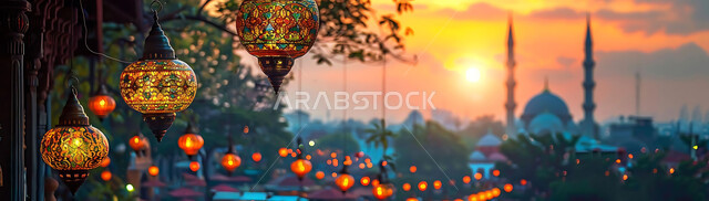  ديكورات وزينة رمضان المبارك, الفوانيس المعدنية التقليدية المزخرفة المعلقة في الأجواء الروحانية، الاحتفال بالمناسبات والأعياد الدينية، البهجة بقدوم شهر الخير، المصابيح المضيئة أثناء غروب الشمس, خلفية المساجد الاسلامية